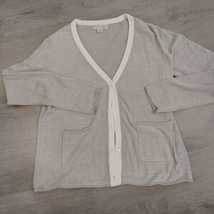 Barefoot Dreams Cozy Gray and White V-Neck Cardigan